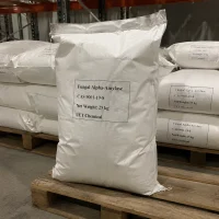 Large white woven bags labeled Fungal Alpha-Amylase CAS 9001-19-8 with 25kg net weight, bulk supply of industrial enzyme additive from UET Chemical ready for shipping.