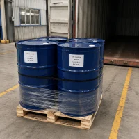 Four blue plastic drums of Furfural (CAS 98-01-1) on wooden pallet, shrink-wrapped for shipping, labeled UET Chemical with Net 250 kg, ready for export from warehouse loading dock