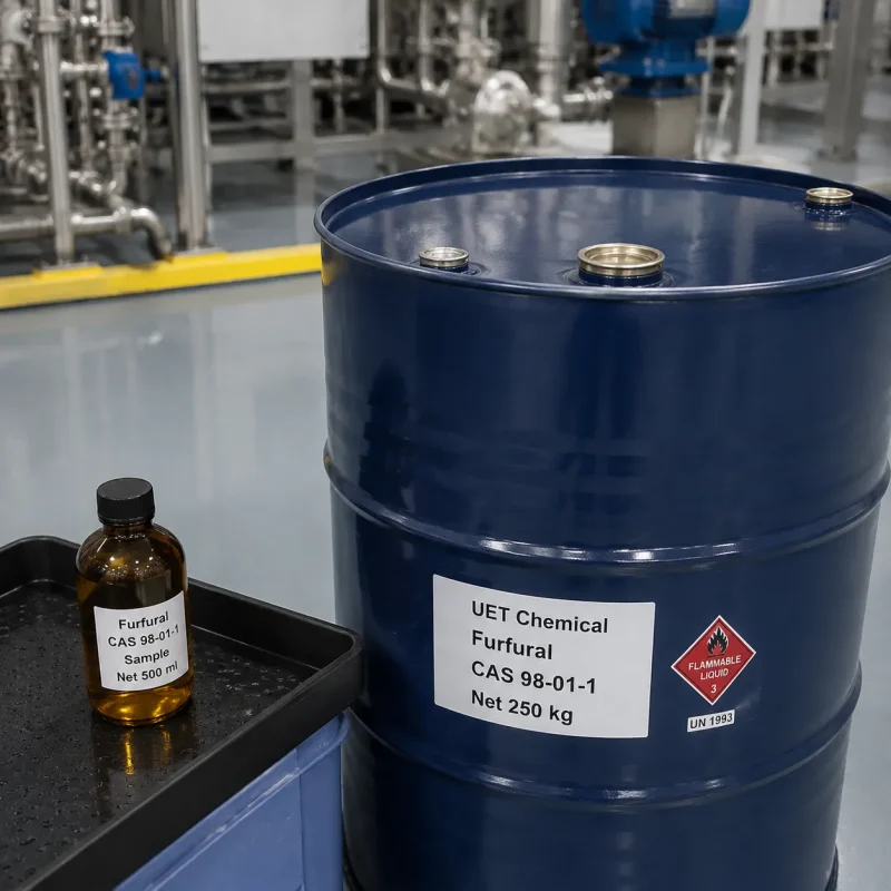 Amber glass sample bottle (Net 500 ml) and large blue plastic drum (Net 250 kg) of Furfural (CAS 98-01-1) on factory floor, labeled UET Chemical with flammable liquid hazard symbol (UN 1993), industrial-grade solvent for chemical synthesis