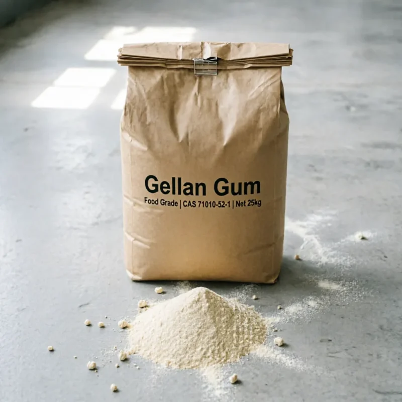 gellan-gum-cas-71010-52-1-25kg-kraft-paper-bag 25kg standard kraft paper packaging of food-grade Gellan Gum (CAS 71010-52-1), shown with a pile of loose powder on the floor, ready for industrial food processing and beverage manufacturing.
