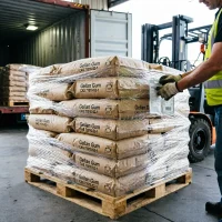 gellan-gum-cas-71010-52-1-bulk-pallet-export-shipping Bulk export shipment of Gellan Gum (Low Acyl & High Acyl) CAS 71010-52-1 25kg bags stacked on a wooden pallet, shrink-wrapped for logistics, with a worker attaching the sample bag to the pallet.