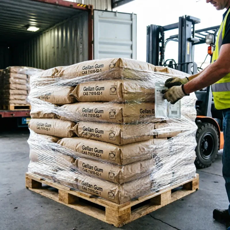 gellan-gum-cas-71010-52-1-bulk-pallet-export-shipping Bulk export shipment of Gellan Gum (Low Acyl & High Acyl) CAS 71010-52-1 25kg bags stacked on a wooden pallet, shrink-wrapped for logistics, with a worker attaching the sample bag to the pallet.