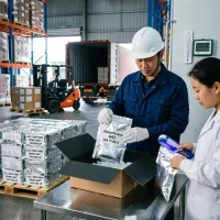 gibberellic-acid-ga3-cas-77-06-5-uv-inspection-lightproof-packaging Warehouse staff conducting UV inspection on Gibberellic Acid GA3 CAS 77-06-5 aluminum foil bags before packing into shipping cartons, ensuring strict compliance with "Keep Away From Light" handling standards.
