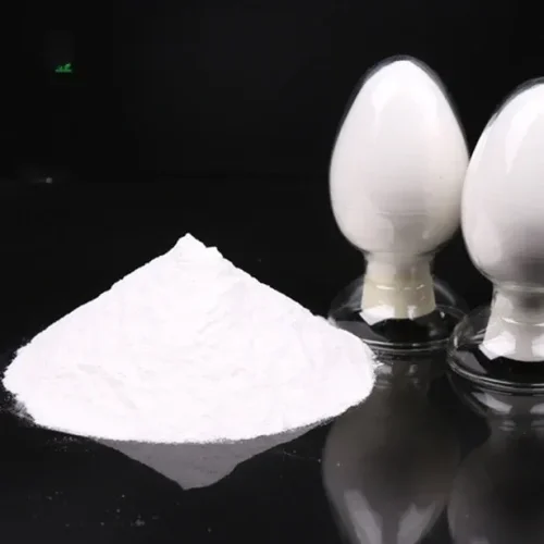 Macro close-up of pure white Gibberellic Acid GA3 CAS 77-06-5 crystalline powder piled on a black surface with clear glass containers, highlighting its premium quality and fine texture for agricultural use.