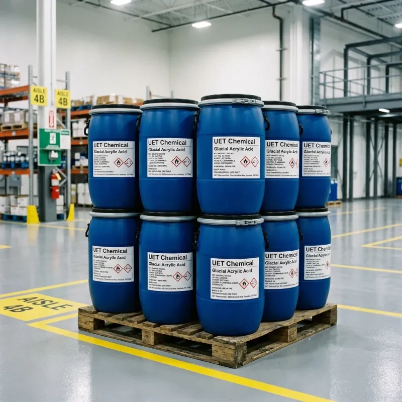 glacial-acrylic-acid-blue-plastic-drum-stack-warehouse Stacked blue plastic drums of Glacial Acrylic Acid CAS 79-10-7 on a wooden pallet in a warehouse, labeled with UET Chemical and hazard symbols, indicating safe bulk handling.