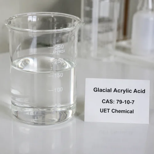 glacial-acrylic-acid-cas-79-10-7-liquid-sample-beaker Clear liquid sample of Glacial Acrylic Acid CAS 79-10-7 in a 250ml glass beaker on a lab bench, with product label showing UET Chemical branding.