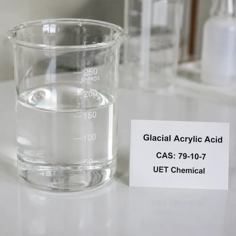 glacial-acrylic-acid-cas-79-10-7-liquid-sample-beaker Clear liquid sample of Glacial Acrylic Acid CAS 79-10-7 in a 250ml glass beaker on a lab bench, with product label showing UET Chemical branding.