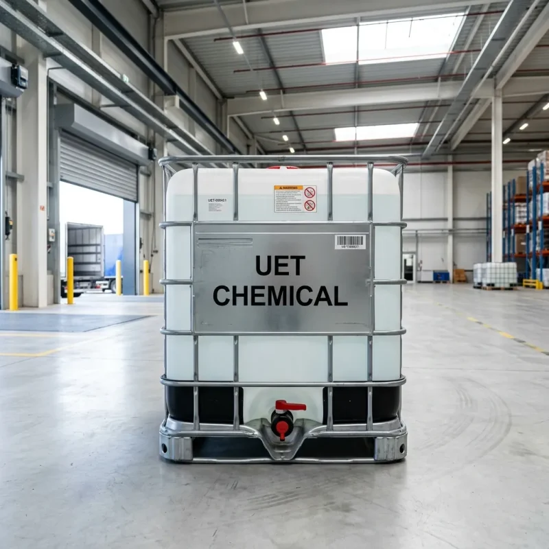 glacial-acrylic-acid-ibc-ton-container-warehouse White IBC ton container of Glacial Acrylic Acid CAS 79-10-7 with UET Chemical branding, stored in a modern warehouse, suitable for bulk industrial supply.