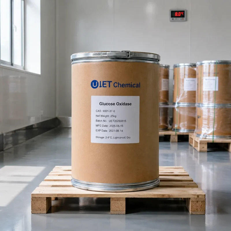 25kg fiber drum of glucose oxidase (GOD) enzyme CAS 9001-37-0 stored at 2-8°C in UET Chemical cold storage warehouse