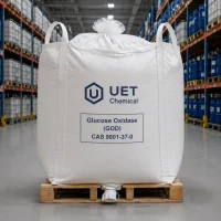 Bulk FIBC ton bag of glucose oxidase (GOD) enzyme CAS 9001-37-0 with lifting loops on pallet in UET Chemical warehouse