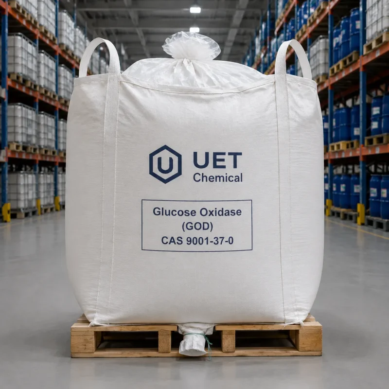 Bulk FIBC ton bag of glucose oxidase (GOD) enzyme CAS 9001-37-0 with lifting loops on pallet in UET Chemical warehouse