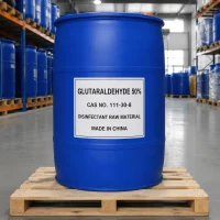 glutaraldehyde-50-percent-blue-drum-cas-111-30-8 Industrial 50% Glutaraldehyde CAS 111-30-8 packed in a 200kg blue plastic drum, clearly labeled as a disinfectant raw material and safely stored on a wooden pallet for ready B2B chemical supply.