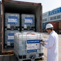 glutaraldehyde-ibc-tote-container-loading-pda-scan-cas-111-30-8 Industrial logistics: A worker in full PPE using a PDA to scan an IBC tote container of Glutaraldehyde CAS 111-30-8 (UN 2922) during container loading, ensuring compliant and traceable dangerous goods export at UET Chemical.