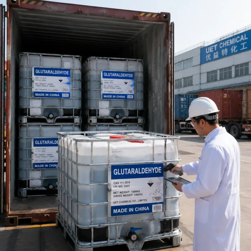 glutaraldehyde-ibc-tote-container-loading-pda-scan-cas-111-30-8 Industrial logistics: A worker in full PPE using a PDA to scan an IBC tote container of Glutaraldehyde CAS 111-30-8 (UN 2922) during container loading, ensuring compliant and traceable dangerous goods export at UET Chemical.