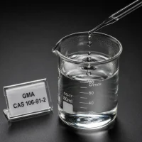 glycidyl-methacrylate-cas-106-91-2-clear-liquid-sample Clear colorless Glycidyl Methacrylate (GMA) CAS 106-91-2 liquid sample in a glass beaker with a dropper.