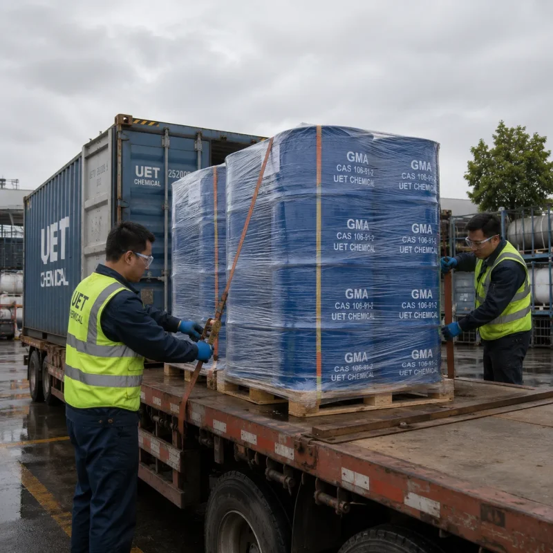 glycidyl-methacrylate-cas-106-91-2-drum-loading-shipment Palletized drums of Glycidyl Methacrylate (GMA) CAS 106-91-2 secured on a flatbed truck for container shipment