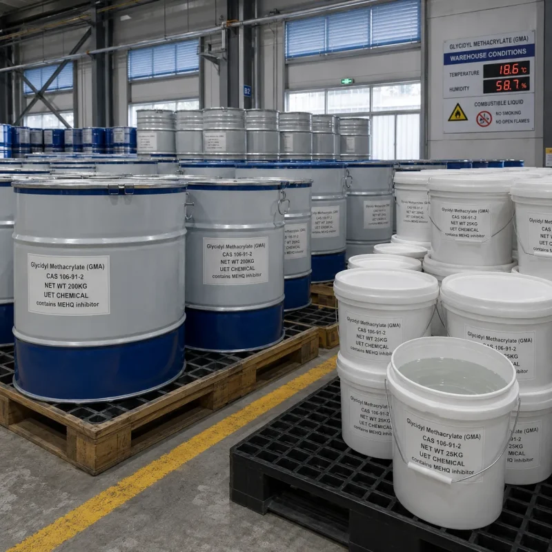 glycidyl-methacrylate-cas-106-91-2-warehouse-storage-packaging Glycidyl Methacrylate (GMA) CAS 106-91-2 stored in 200kg drums and 25kg pails in a temperature-controlled warehouse.
