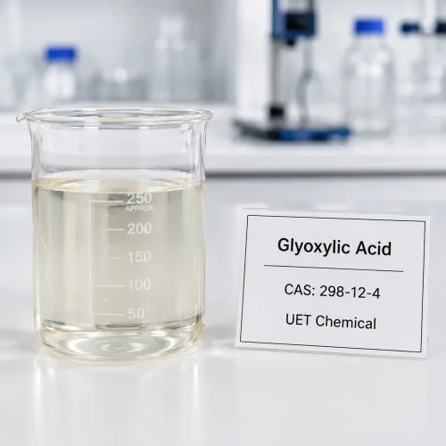 glyoxylic-acid-cas-298-12-4-liquid-sample-beaker Clear liquid sample of Glyoxylic Acid CAS 298-12-4 in a 250ml glass beaker on a lab bench, with product label showing UET Chemical branding.