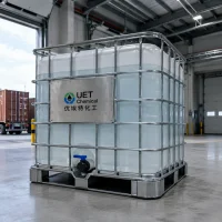 glyoxylic-acid-ibc-tote-tank-with-metal-frame Large IBC tote tank of Glyoxylic Acid with stainless steel frame and discharge valve, branded with UET Chemical logo and Chinese name '优埃特化工', ready for international shipment.