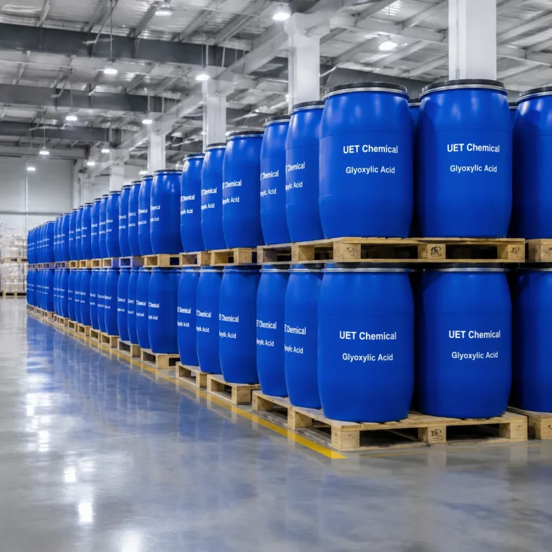 glyoxylic-acid-industrial-blue-drum-warehouse-stock Rows of blue industrial plastic drums labeled 'Glyoxylic Acid' and 'UET Chemical' stacked on wooden pallets in a warehouse, indicating bulk availability for B2B buyers.