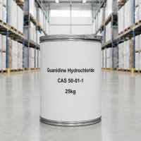 guanidine-hydrochloride-cas-50-01-1-25kg-fiber-drum-packaging Single 25kg white fiber drum of Guanidine Hydrochloride CAS 50-01-1 on warehouse floor, labeled with product name, CAS number, and net weight, indicating standardized industrial packaging.
