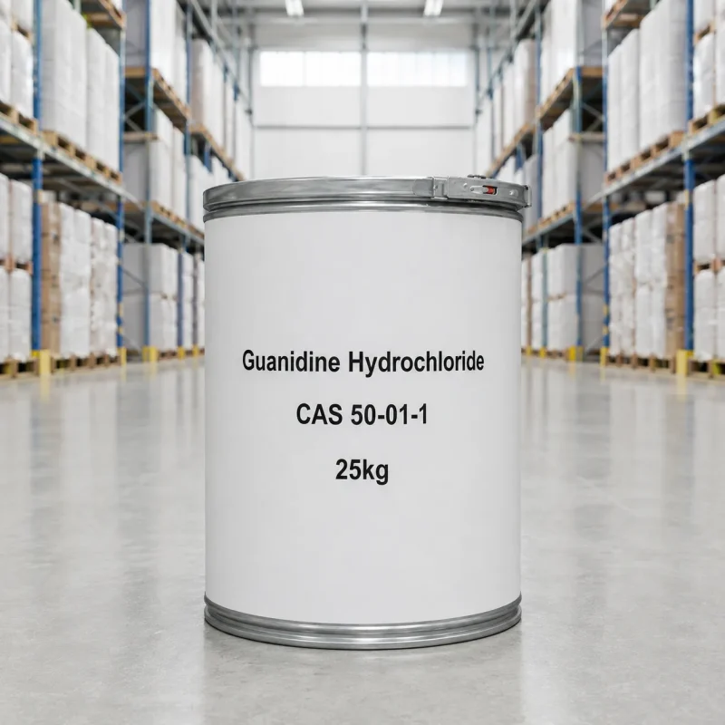 guanidine-hydrochloride-cas-50-01-1-25kg-fiber-drum-packaging Single 25kg white fiber drum of Guanidine Hydrochloride CAS 50-01-1 on warehouse floor, labeled with product name, CAS number, and net weight, indicating standardized industrial packaging.
