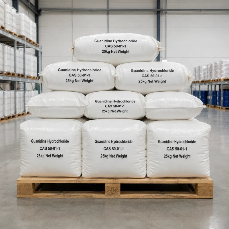 guanidine-hydrochloride-cas-50-01-1-25kg-woven-bag-packaging Stacked white woven bags of Guanidine Hydrochloride CAS 50-01-1 on wooden pallets in a warehouse, labeled with product name, CAS number, and net weight, ready for bulk shipment.