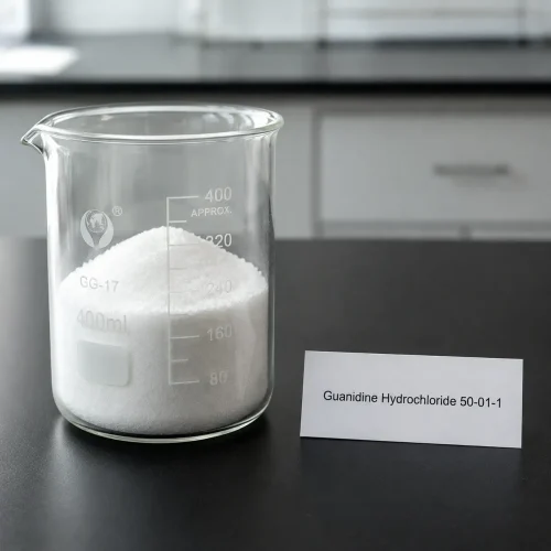 guanidine-hydrochloride-cas-50-01-1-white-crystalline-powder-sample White crystalline powder sample of Guanidine Hydrochloride CAS 50-01-1 in a glass beaker on a lab bench, with product label showing chemical name and CAS number.