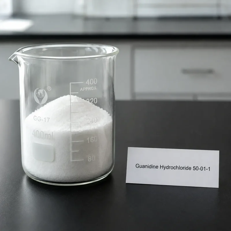 guanidine-hydrochloride-cas-50-01-1-white-crystalline-powder-sample White crystalline powder sample of Guanidine Hydrochloride CAS 50-01-1 in a glass beaker on a lab bench, with product label showing chemical name and CAS number.