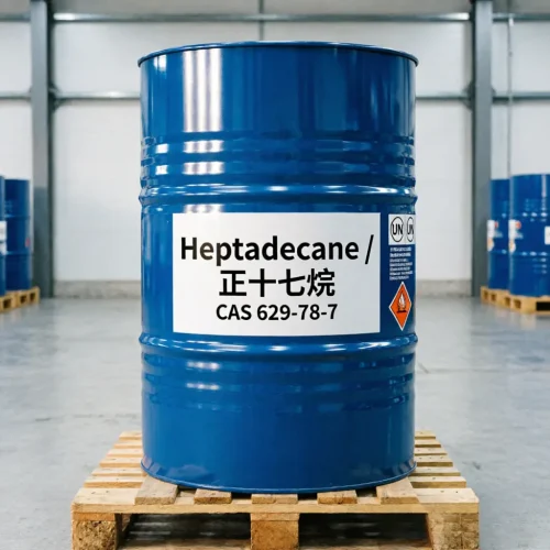 heptadecane-cas-629-78-7-blue-industrial-drum-hazard-label Heptadecane CAS 629-78-7 in a blue steel chemical drum on a wooden pallet with safety hazard labels for industrial transport.