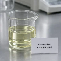 homosalate-uv-filter-clear-yellow-liquid-cas-118-56-9 Clear pale yellow homosalate UV filter liquid CAS 118-56-9, sunscreen active ingredient, in glass beaker with label card