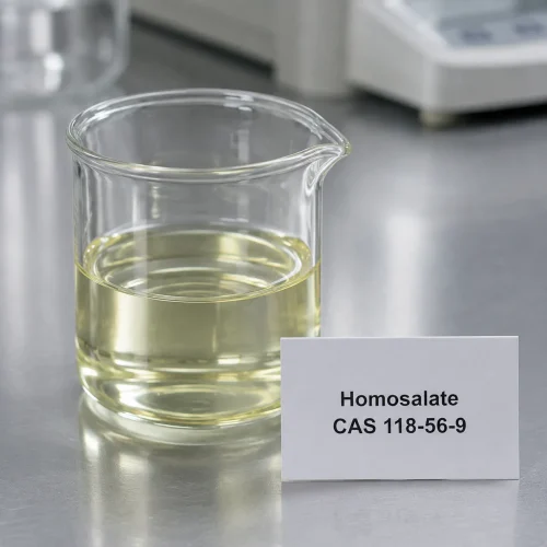 Clear pale yellow homosalate UV filter liquid CAS 118-56-9, sunscreen active ingredient, in glass beaker with label card