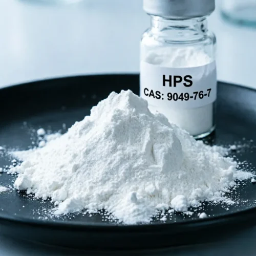 Close-up of pure white Hydroxypropyl Starch Ether (HPS) powder pile and glass vial with CAS 9049-76-7 label, showcasing material texture and purity for construction chemicals.