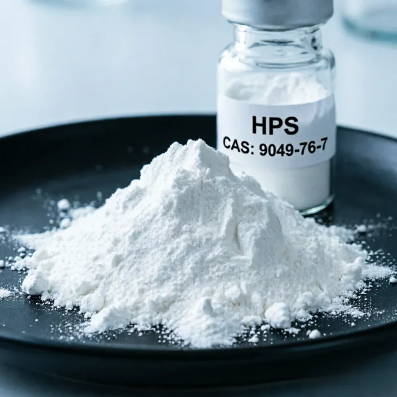 hps-hydroxypropyl-starch-ether-pure-white-powder-glass-vial Close-up of pure white Hydroxypropyl Starch Ether (HPS) powder pile and glass vial with CAS 9049-76-7 label, showcasing material texture and purity for construction chemicals.