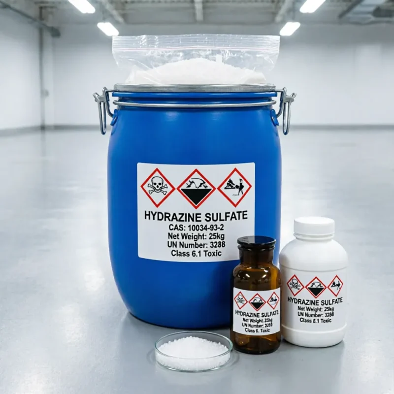 hydrazine-sulfate-cas-10034-93-2-25kg-drum-un3288-sample-bottles 25kg blue clamped drum of Hydrazine Sulfate CAS 10034-93-2 UN 3288 Class 6.1 Toxic, displayed with an amber glass bottle and white HDPE sample jar, fully compliant with GHS hazard warning labels.