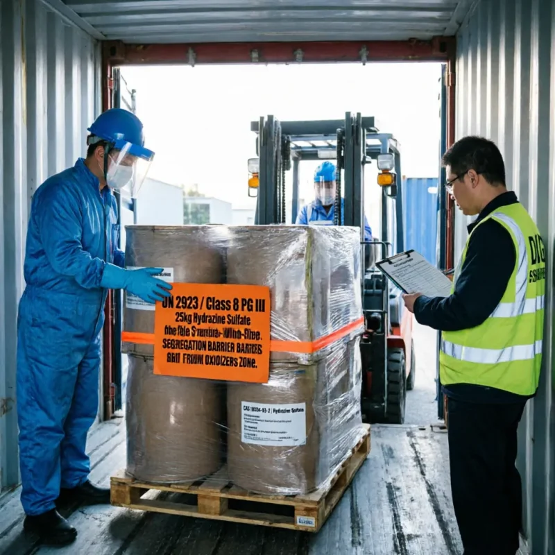 hydrazine-sulfate-cas-10034-93-2-un2923-container-loading-safe-handling Chinese warehouse workers wearing full PPE including face shields and gloves, safely loading Hydrazine Sulfate CAS 10034-93-2 Class 8 corrosive drums into a container, with clear UN 2923 segregation warnings.