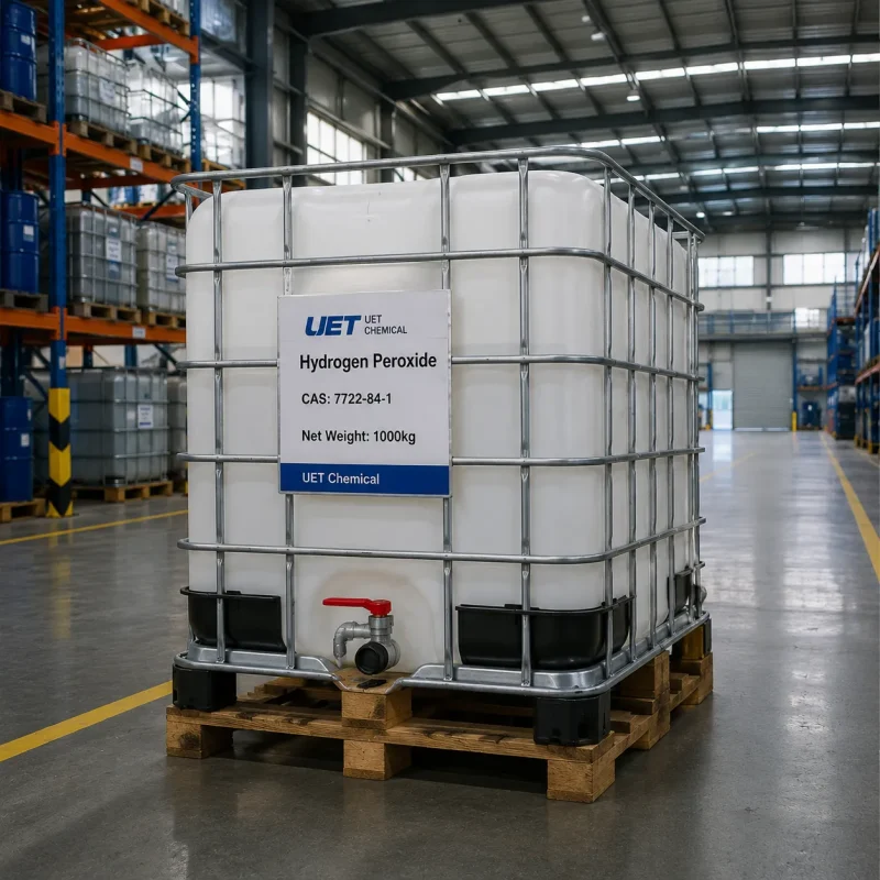 hydrogen-peroxide-cas-7722-84-1-1000kg-white-ibc-bulk-container A 1000kg white IBC bulk container of Hydrogen Peroxide CAS 7722-84-1 on wooden pallet, labeled with UET Chemical branding, positioned in industrial warehouse with yellow safety line.