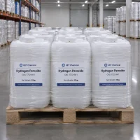 hydrogen-peroxide-cas-7722-84-1-25kg-plastic-jerrycan-pallet-shrink-wrap Stack of 25kg white plastic jerrycans of Hydrogen Peroxide CAS 7722-84-1 on wooden pallet, shrink-wrapped for stability, labeled with UET Chemical branding in warehouse setting.