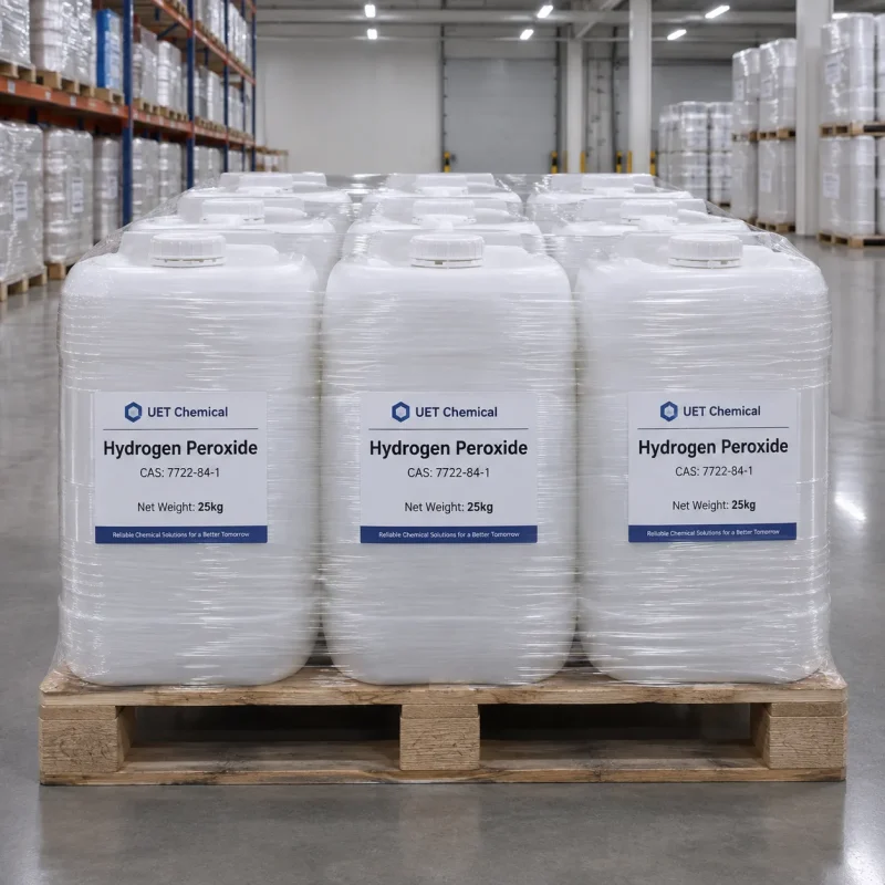 hydrogen-peroxide-cas-7722-84-1-25kg-plastic-jerrycan-pallet-shrink-wrap Stack of 25kg white plastic jerrycans of Hydrogen Peroxide CAS 7722-84-1 on wooden pallet, shrink-wrapped for stability, labeled with UET Chemical branding in warehouse setting.