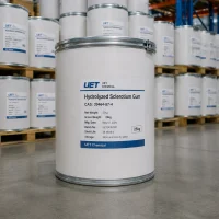 hydrolyzed-sclerotium-gum-cas-39464-87-4-25kg-white-fiber-drum A 25kg white fiber drum of Hydrolyzed Sclerotium Gum CAS 39464-87-4 with metal clasp lid, labeled with batch number UET24051201 and manufacture date May 12, 2024, by UET Chemical in warehouse.