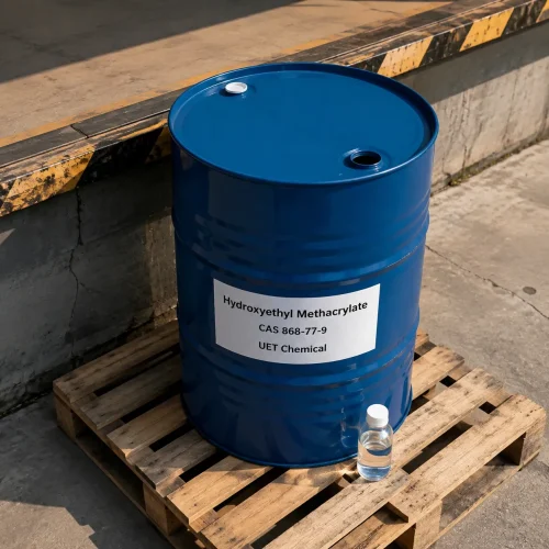 hydroxyethyl-methacrylate-cas-868-77-9-blue-metal-drum-with-sample-bottle Blue metal drum of Hydroxyethyl Methacrylate CAS 868-77-9 with a small glass sample bottle beside it on a wooden pallet at a loading dock, label showing UET Chemical branding.