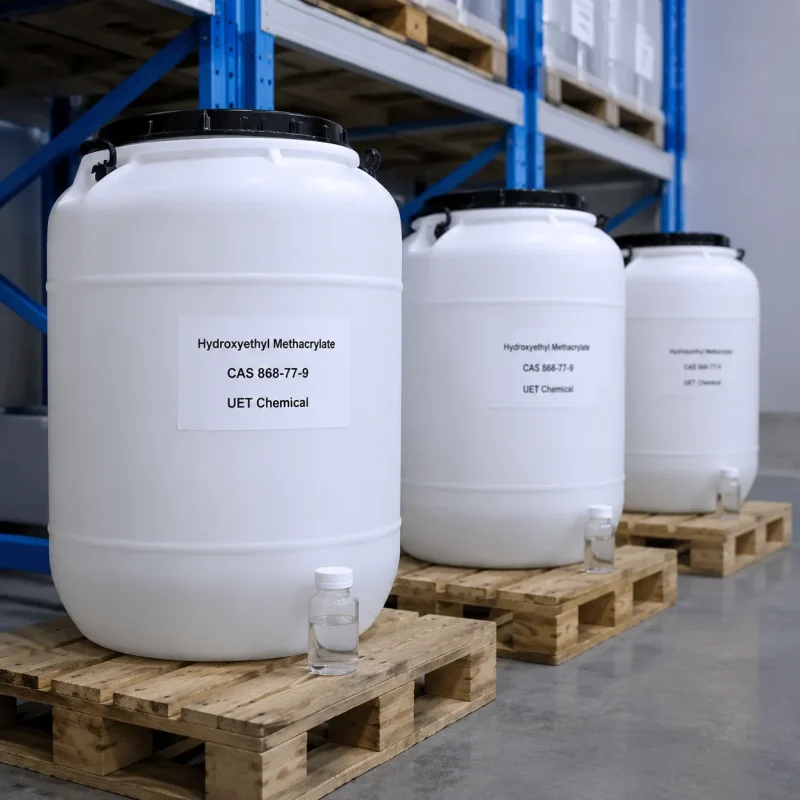 hydroxyethyl-methacrylate-cas-868-77-9-white-plastic-drums-in-warehouse Row of white plastic drums of Hydroxyethyl Methacrylate CAS 868-77-9 on wooden pallets in front of blue warehouse shelves, each with a small sample bottle, label showing UET Chemical.