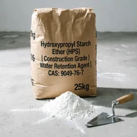 hydroxypropyl-starch-ether-hps-construction-grade-25kg-bag-powder-trowel Hydroxypropyl Starch Ether (HPS) construction grade water retention agent in 25kg bag with white powder and trowel for mortar and tile adhesive applications.