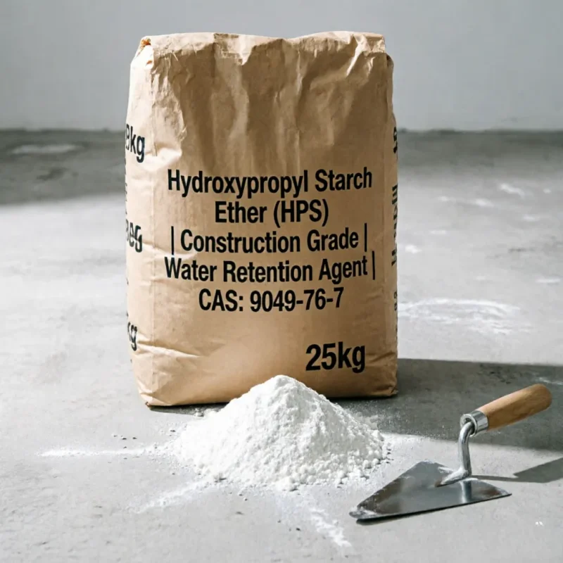 hydroxypropyl-starch-ether-hps-construction-grade-25kg-bag-powder-trowel Hydroxypropyl Starch Ether (HPS) construction grade water retention agent in 25kg bag with white powder and trowel for mortar and tile adhesive applications.