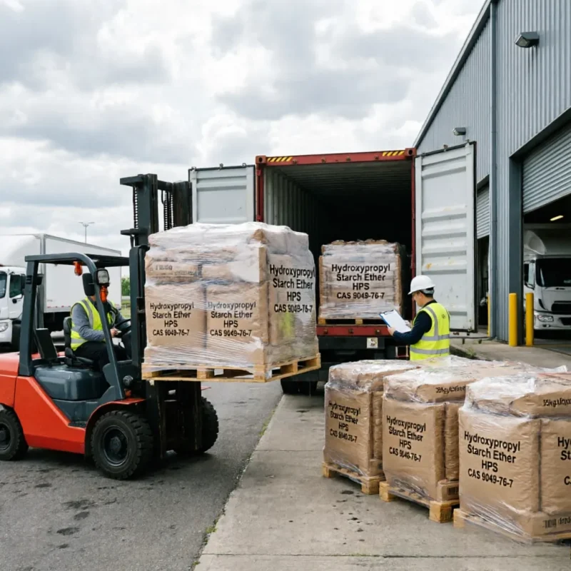 hydroxypropyl-starch-ether-hps-forklift-loading-export-container B2B export shipping of Hydroxypropyl Starch Ether (HPS) CAS 9049-76-7 pallets being loaded into a container by forklift at warehouse logistics facility.