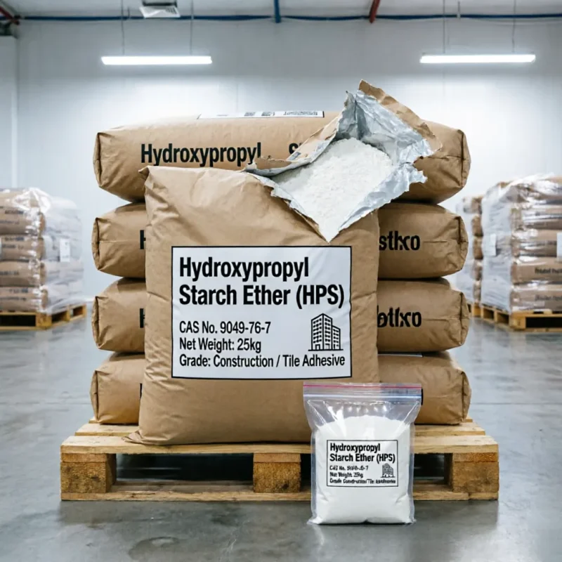 hydroxypropyl-starch-ether-hps-pallet-warehouse-tile-adhesive-grade Warehouse pallet of Hydroxypropyl Starch Ether (HPS) CAS 9049-76-7 25kg bags with sample bag in front, construction grade specifically for tile adhesive.