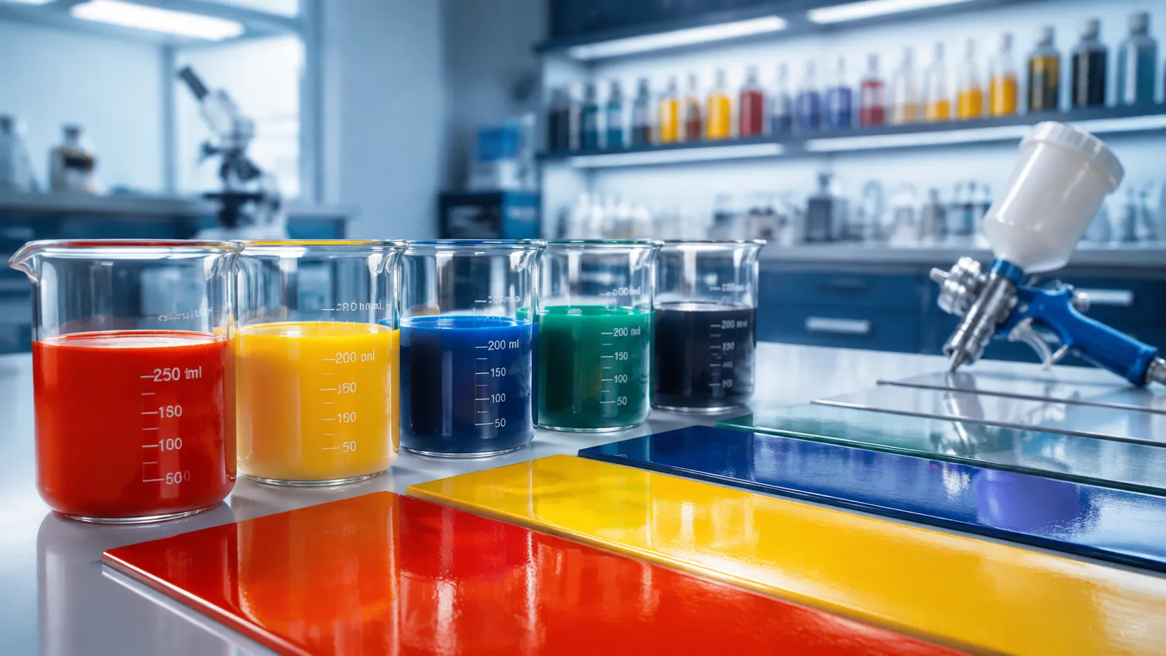 Vibrant liquid pigments and industrial coating chemical additives being tested
