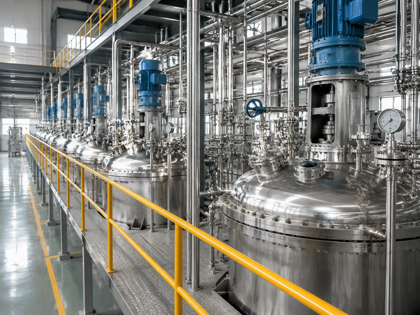 A row of highly advanced stainless steel chemical reactor vessels with blue mixing motors, used for precision synthesis at the UET Chemical manufacturing plant.