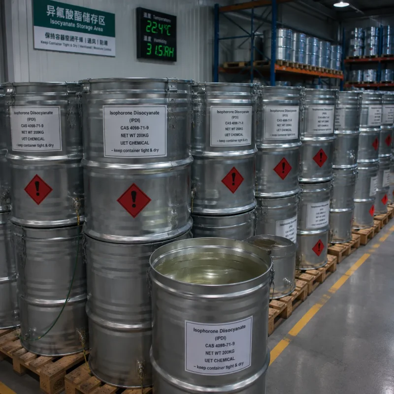 IPDI CAS 4098-71-9 stored in 200kg airtight steel drums in temperature & humidity controlled isocyanate warehouse