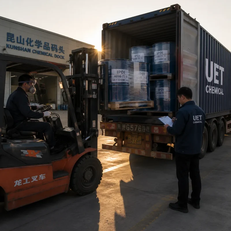 Export shipment of IPDI CAS 4098-71-9 drums loaded into container by forklift at Kunshan chemical dock